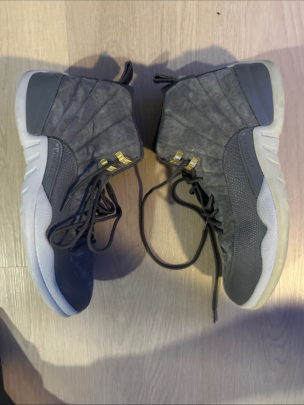 Air Jordan 12 Men's Gray and White Athletic Shoes with Gold Accents